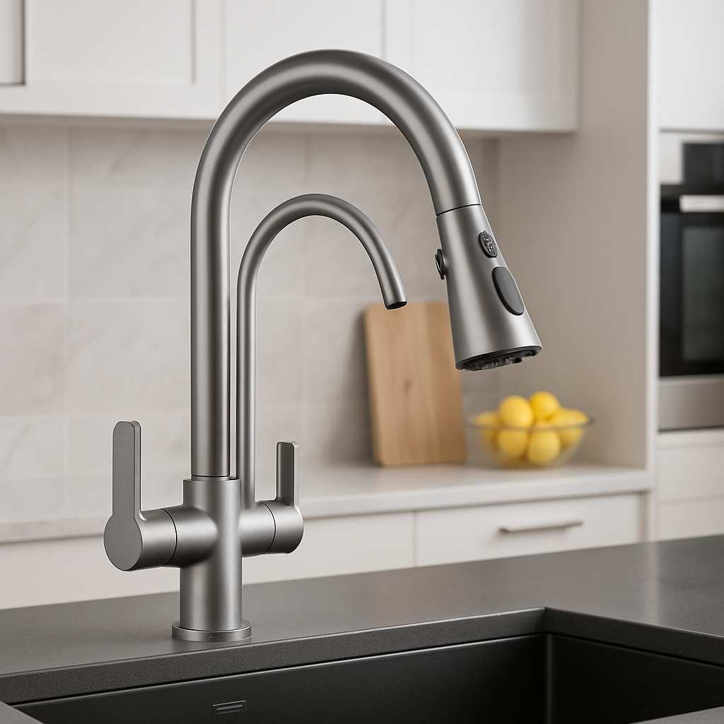 robinet cuisine douchette gris double detenteur